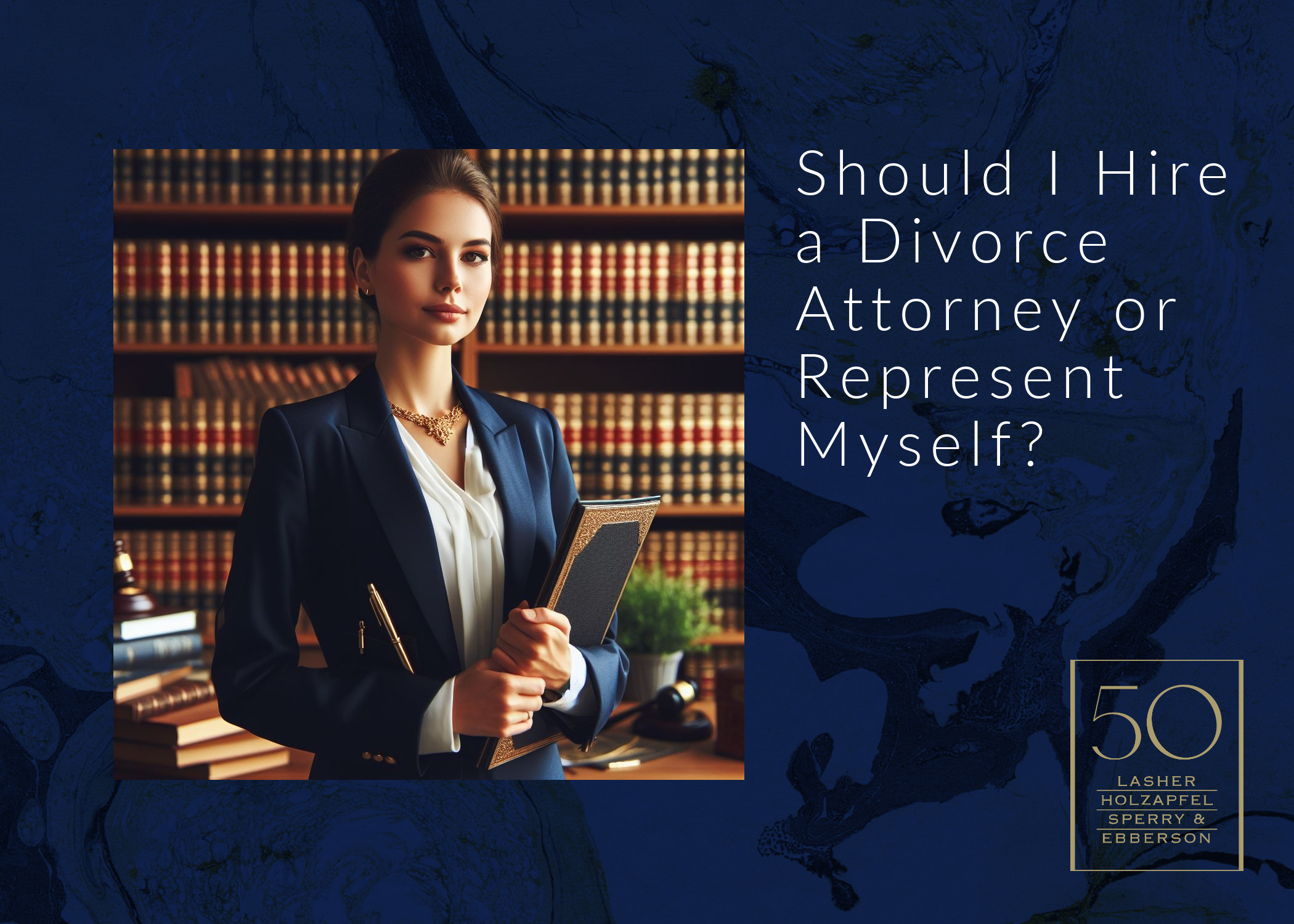 Strong female standing in front of law books holding folio and looking directly at camera.